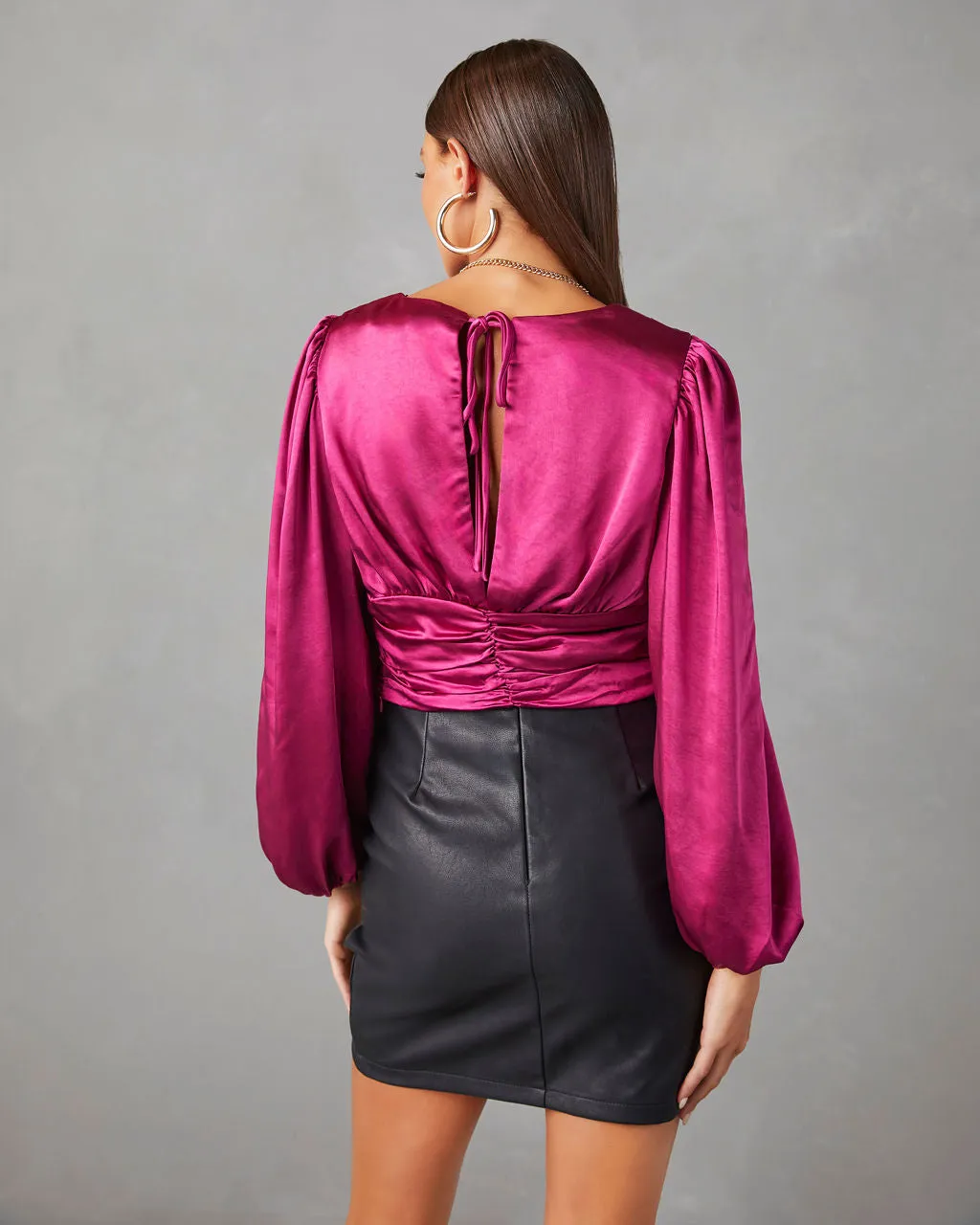 Aubriella Satin Ruched Long Sleeve Top
