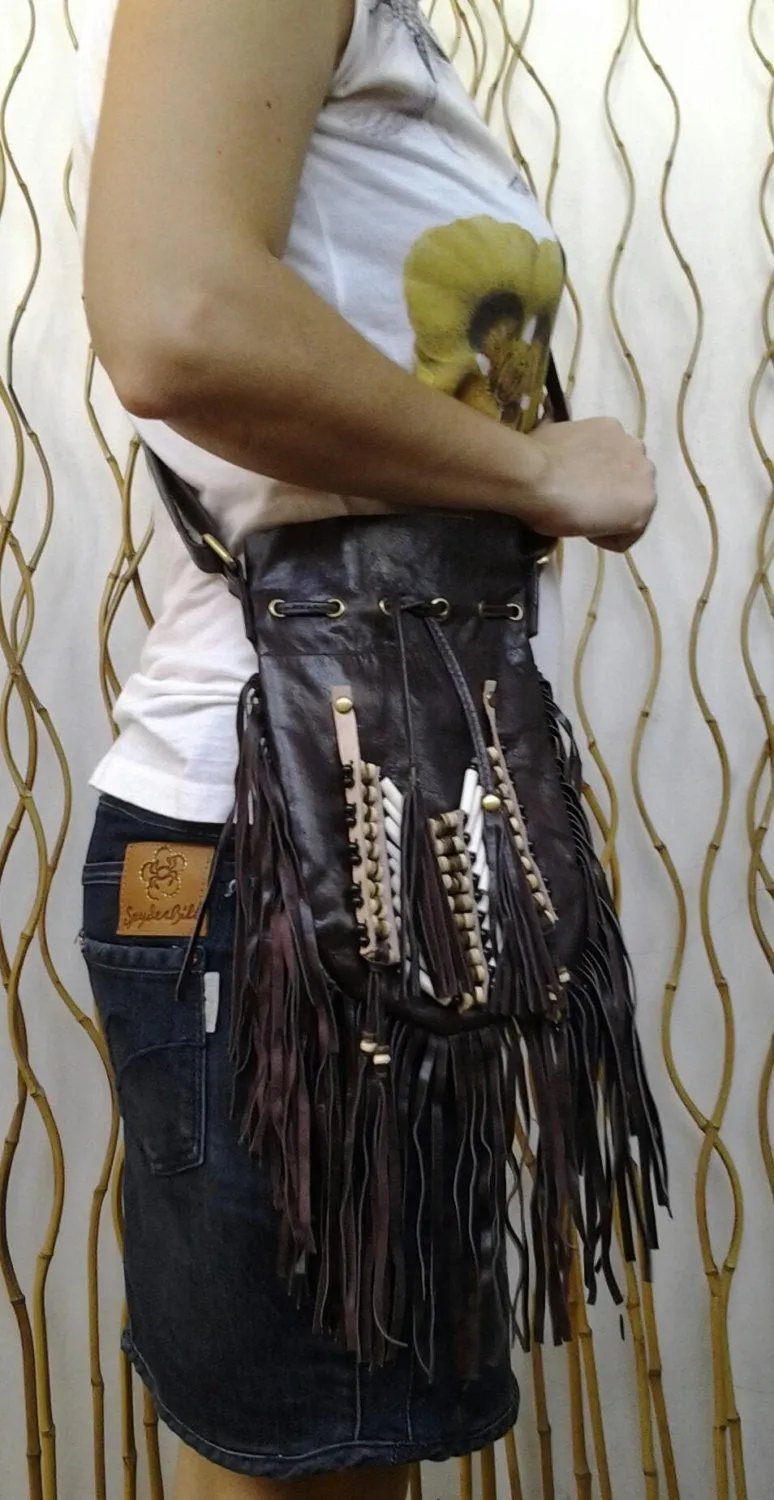 N46P- Dark Brown  Indian leather Handbag, Native American Style  bag. Crossbody bag