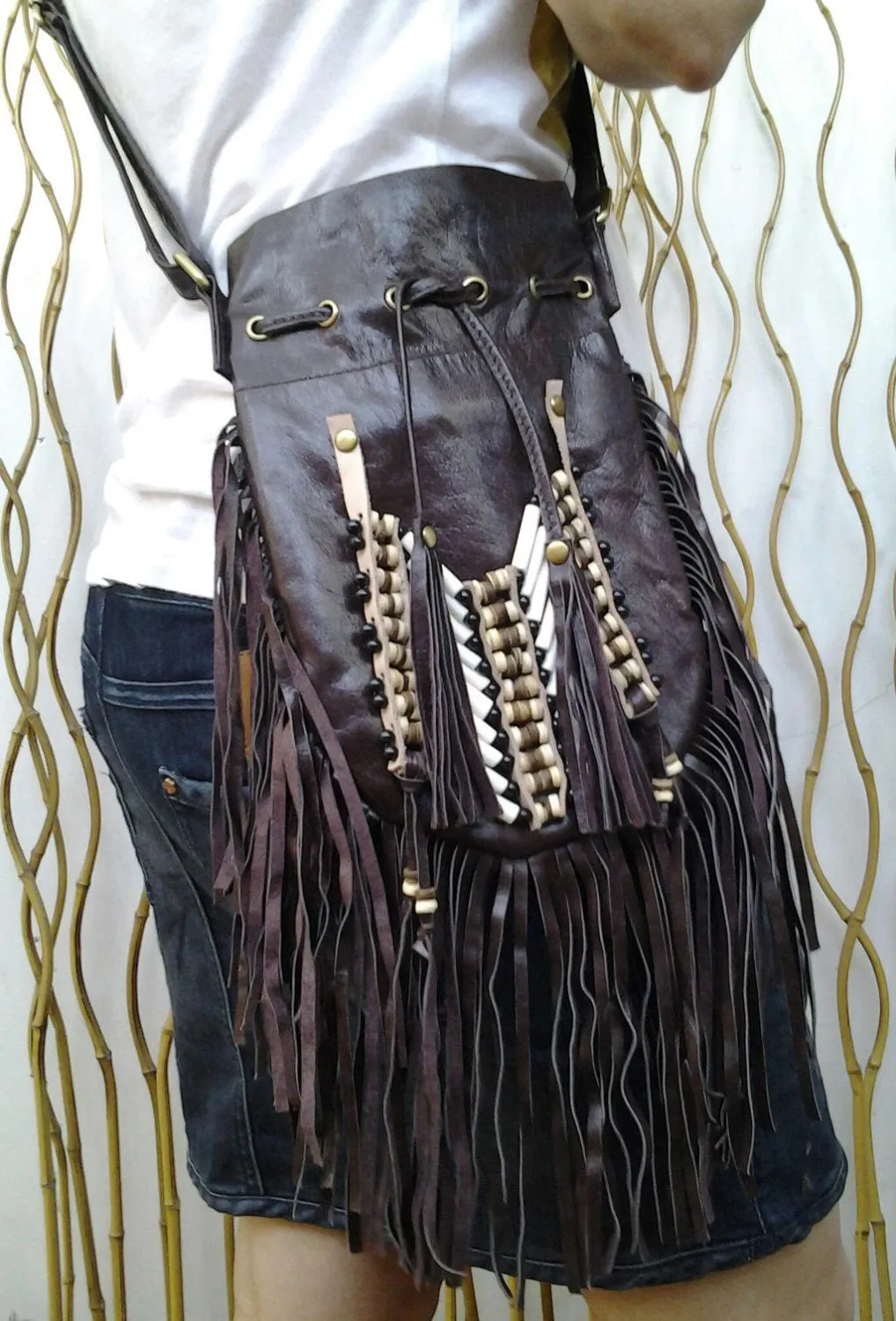 N46P- Dark Brown  Indian leather Handbag, Native American Style  bag. Crossbody bag