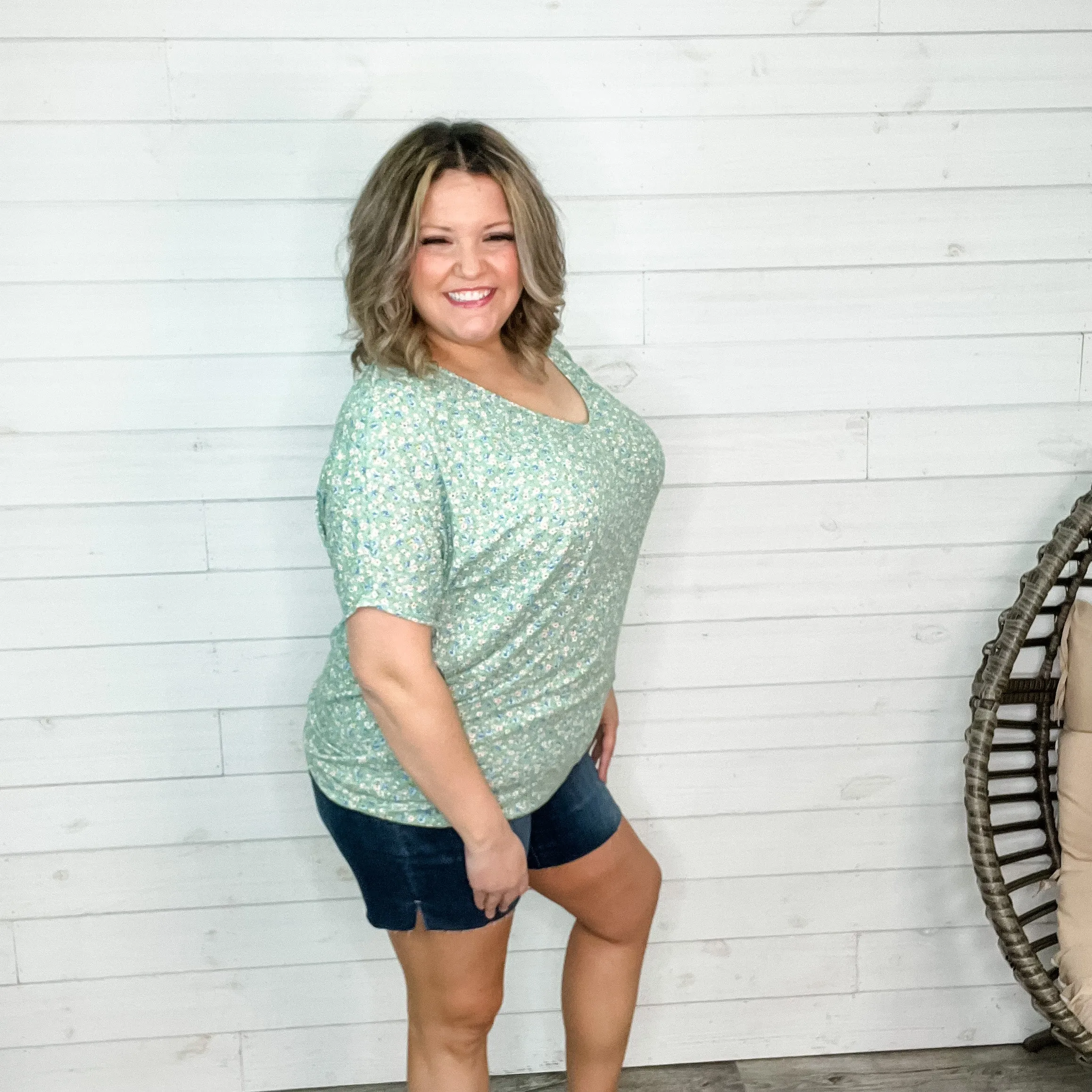 "Day Trip" Floral V Neck Dolman (Green)