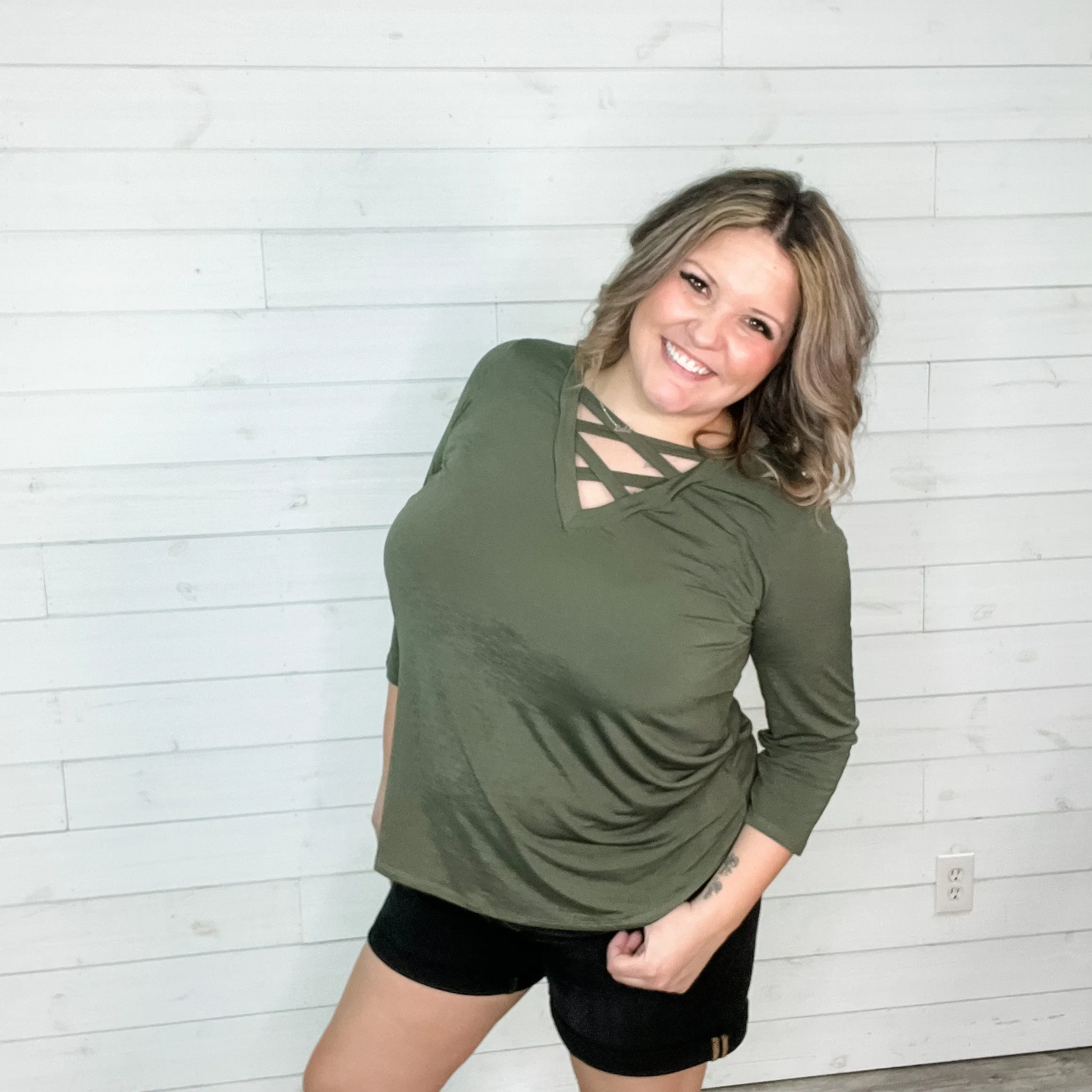 "Details" 3/4 Sleeve V Neck with Criss Cross Design
