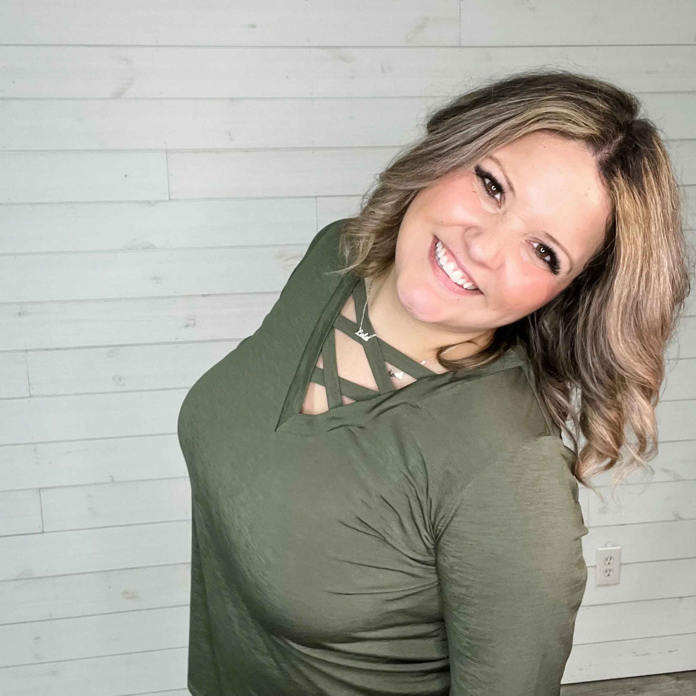 "Details" 3/4 Sleeve V Neck with Criss Cross Design