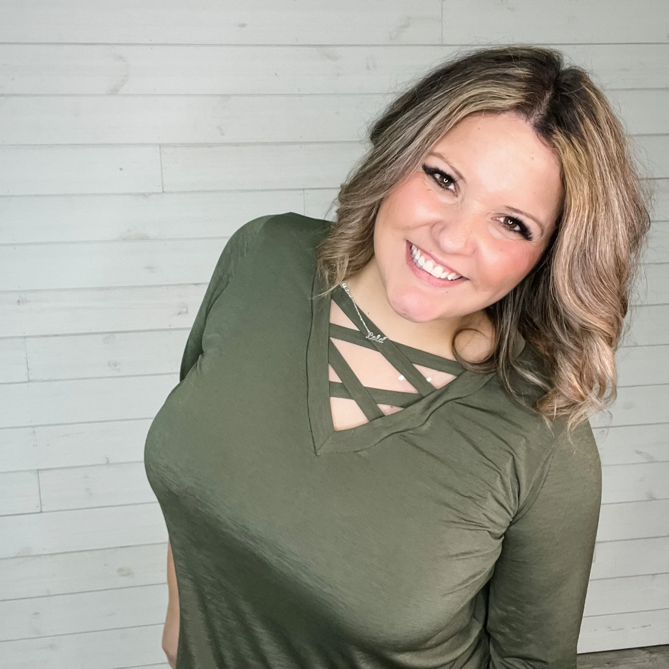 "Details" 3/4 Sleeve V Neck with Criss Cross Design