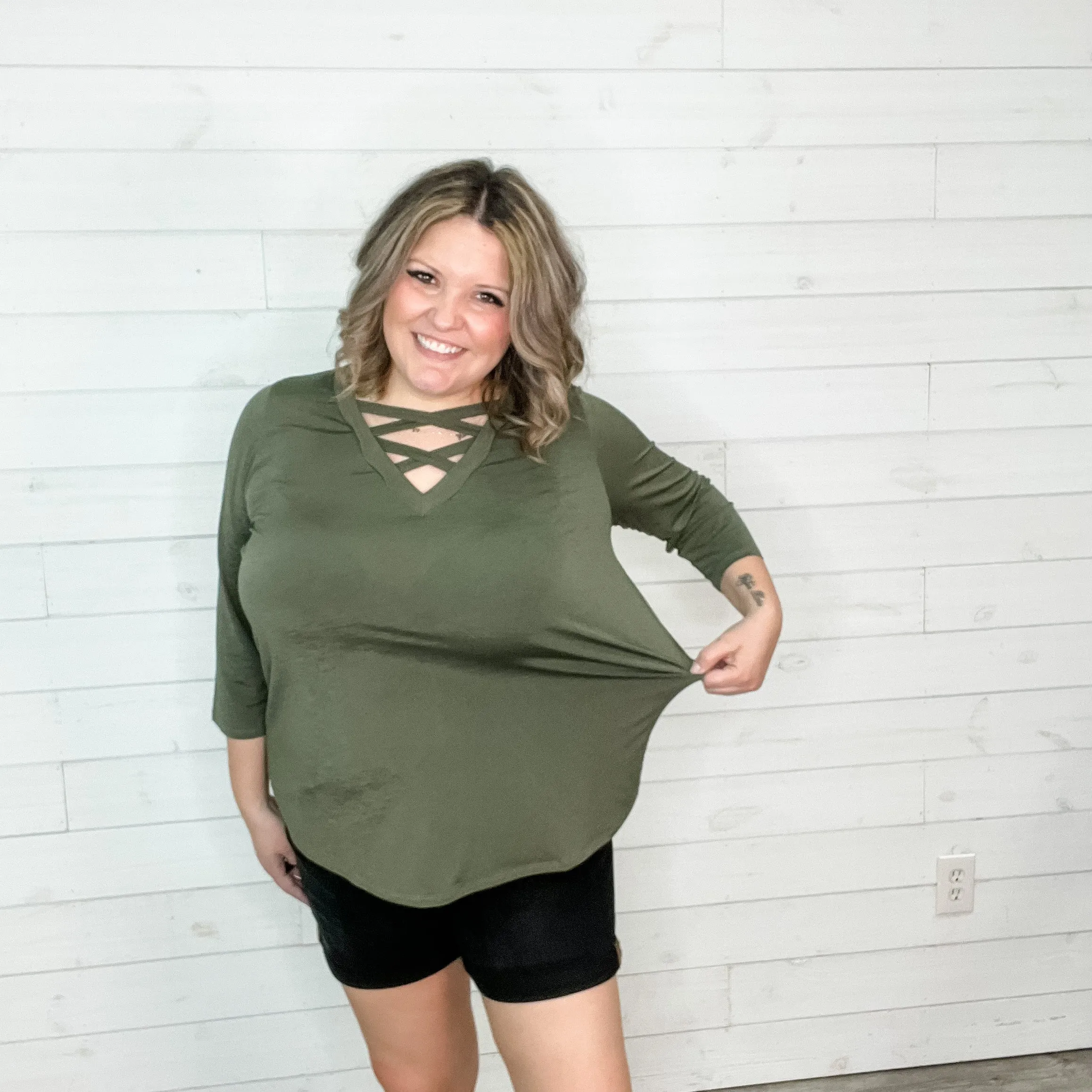 "Details" 3/4 Sleeve V Neck with Criss Cross Design